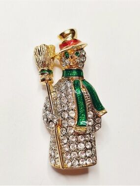 Vintage enamel Rhinestones Tone Snowman with Broom Pin Brooch